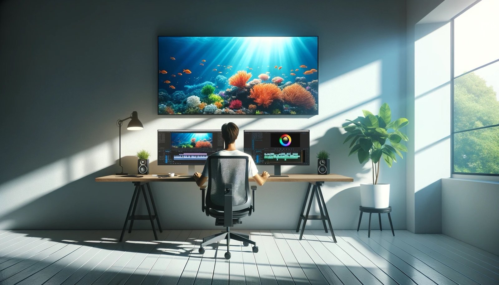 Image generated with DALL-E. Prompt: Envision a video editor working in a modern room, its plain white walls bathed in the bright, natural light of day entering from the left side. The room is alive with the vibrancy of daytime, highlighting the editor's desk and the two large monitors before them. From our vantage point behind the editor, we see the left monitor displaying a vivid underwater scene, full of colorful corals and fish, while the right monitor shows a video editing software interface, detailed and arranged as one would expect from a professional using Adobe Premiere. To the editor's right, a smaller screen captures our attention with its rotating circle, symbolizing ongoing work. This daylight-filled environment, enhanced by a single lush houseplant, not only accentuates the editor's professionalism but also the serene and focused ambiance conducive to creative endeavors.