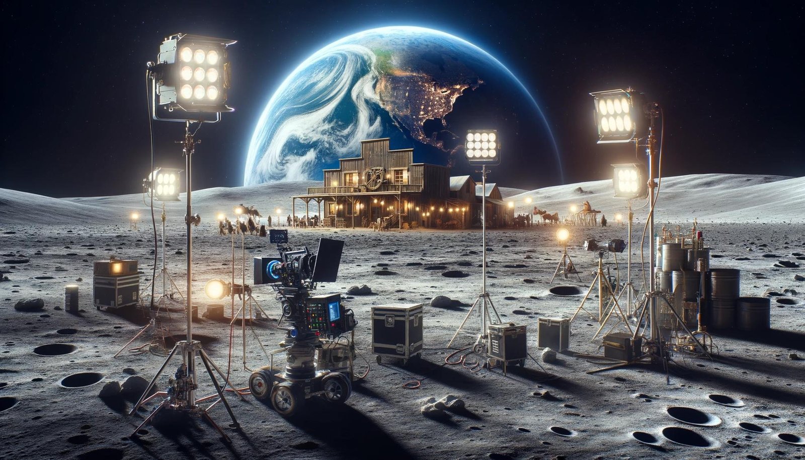 Filmmaking on the moon. Image created with DALL-E. Prompt: A 16:9 image of the lunar surface, with the earth in the background. In the foreground of the image is a film set with lights, cameras and equipment. The subject of the film is a cowgirl movie, and beyond the equipment we can see a makeshift set with building facades.