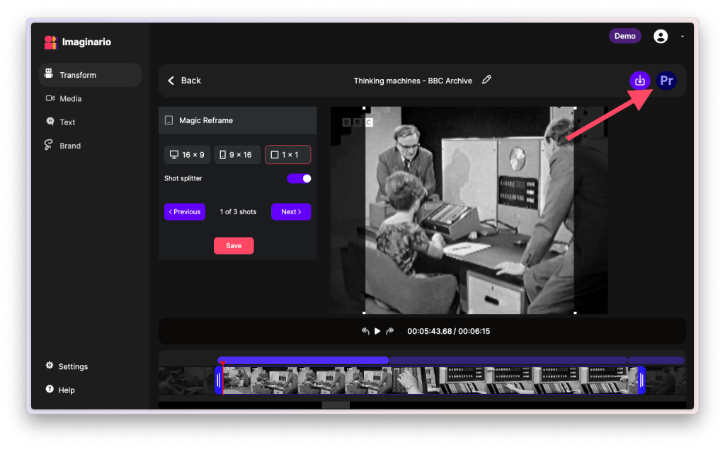 A screenshot showing how to export a clip to XML format in Imaginario AI